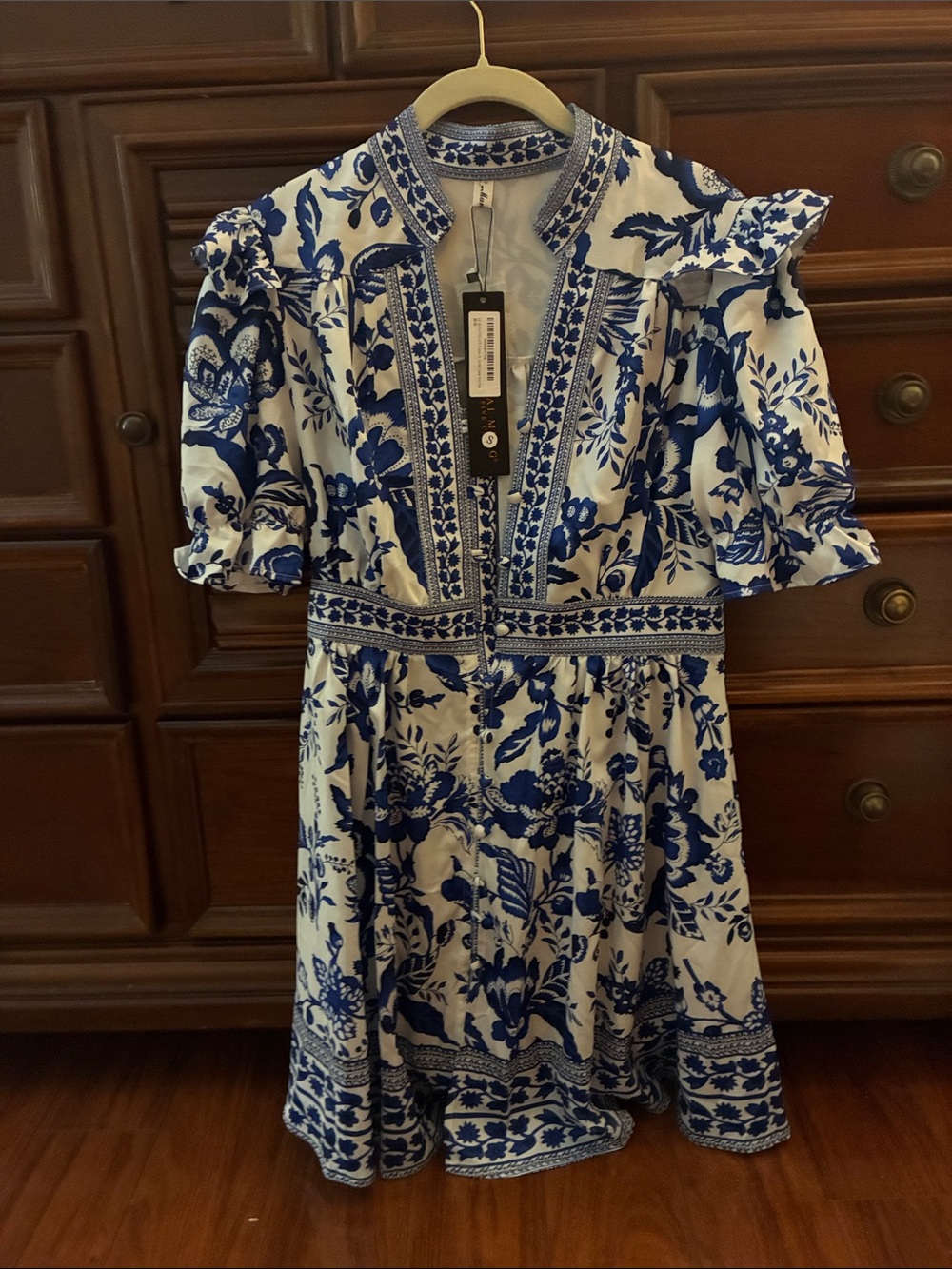 Blue & White Floral Cold-Shoulder Dress